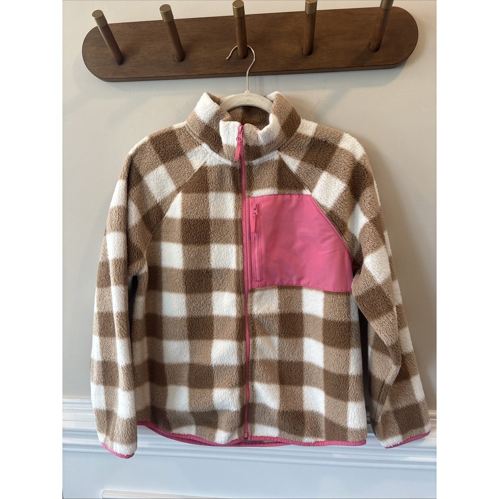 J.Crew Woven Sherpa‎ Zip-Up in Ivory Camel Plaid, Size M